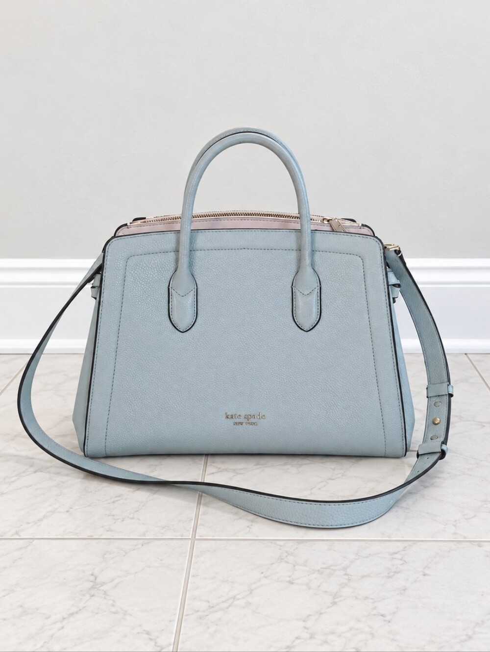 KATE SPADE NEW YORK. Powder Blue Pebbled Leather Satchel And Crossbody.